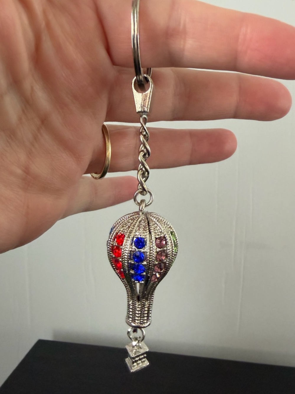 Silver Hot Air Balloon Keychain with Red, Blue, Purple & Green Rhinestones